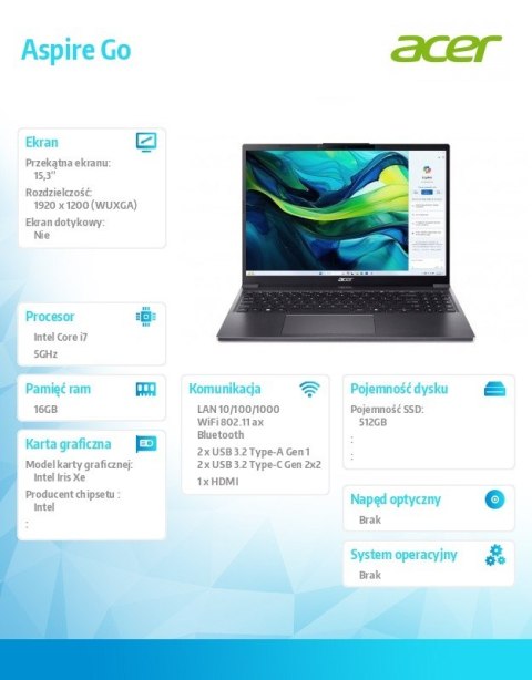 Acer Laptop Aspire Go 15 AG15-51P-78K5 i7-1355U 15.3 WUXGA 16GB 512GB NoOS Szary