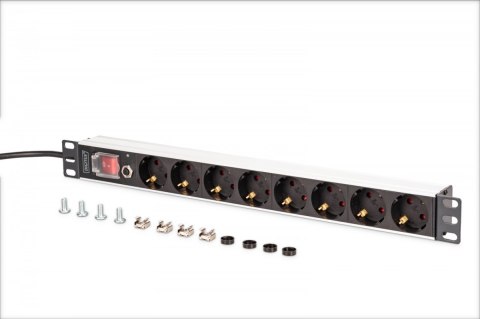 Digitus Listwa zasilająca PDU Rack 19" z zabezpieczeniem przeciążeniowym, 8 gniazd Schuko CEE 7/3 (45°), kabel 2m wtyk Unischuko, 16A, a