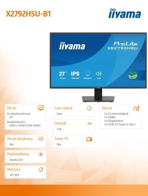 IIYAMA Monitor 27 cali X2792HSU-B1 IPS,FHD,HDMI,DP,120Hz,350cd,4ms, cienkie ramki, 1500:1, ErP B, USB HUBx2