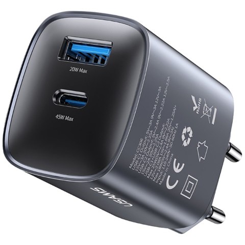 USAMS Ładowarka sieciowa T66 45W CC290 GaN Fast charge 1xUSB-A 1xUSB-C srebrny