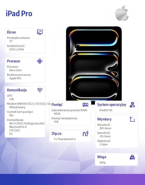Apple IPad Pro 13-calowy Wi-Fi + Cellular 1 TB ze szkłem o nanoteksturze - Gwiezdna czerń