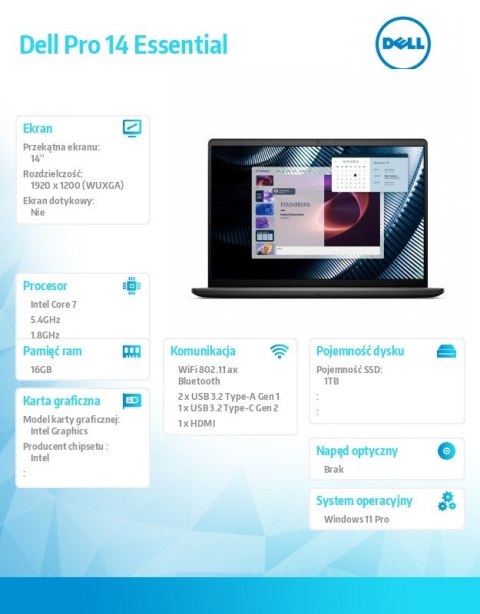 Dell Laptop Dell Pro 14 Essential PV14250 W11P C7-150U|16GB|1TB|Intel Graph|FgrPr|WLAN+BT|14.0 FHD+|BcklKb|4C|65W|3YPS Platinum Silve