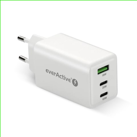 EverActive Ładowarka sieciowa GAN QC 4+ 65W 1XUSB 2XUSB-C biała SC-655Q