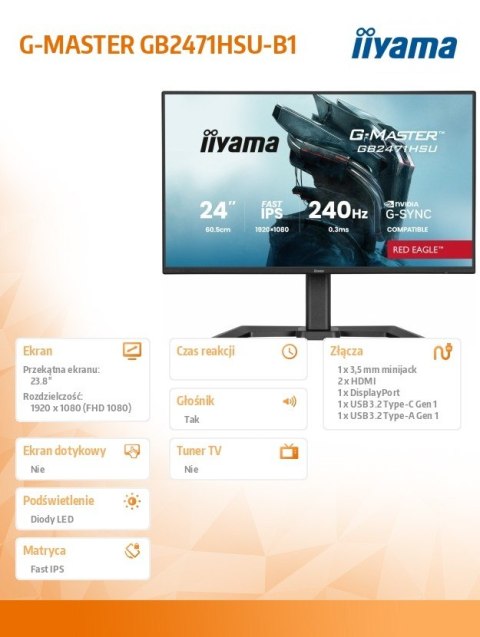 IIYAMA Monitor 23.8 cala GB2471HSU-B1 IPS,FHD,240Hz,2xHDMI,DP,1xUSB 3.2, 1xUSB C, Adaptive G-SYNC - 1920 x 1080 @48-240Hz DisplayP