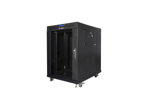 Szafa instalacyjna rack stojąca 19" 15U 600x800 czarna drzwi szklane LCD Lanberg (Flat Pack) V2