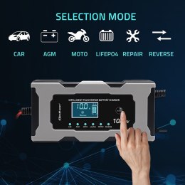 Qoltec Mikroprocesorowa ładowarka 12V 10A | Prostownik z funkcją naprawy do akumulatora AGM GEL LiFePO4 | LCD