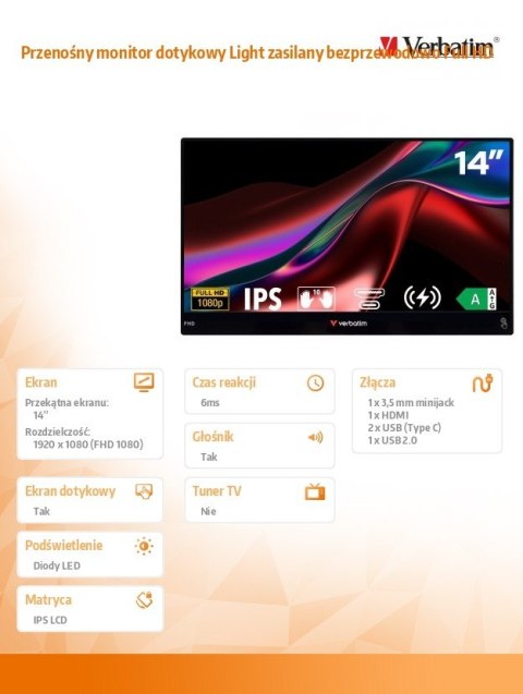 Verbatim Przenośny monitor dotykowy Light zasilany bezprzewodowo Full HD