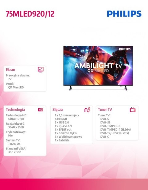 Philips Telewizor QD MiniLED 75 cali 75MLED920/12