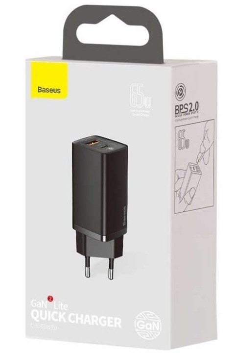 Ładowarka sieciowa Baseus GaN2 Lite, USB + USB-C, 65W, EU (czarna)