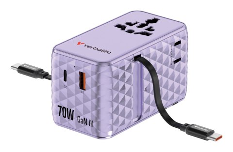 VERBATIM CHARGE 'N' TRAVEL 70W 2C CHOWANY UNIWERSALNY ADAPTER PODRÓŻNY FIOLETOWY
