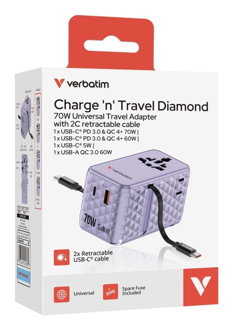 VERBATIM CHARGE 'N' TRAVEL 70W 2C CHOWANY UNIWERSALNY ADAPTER PODRÓŻNY FIOLETOWY