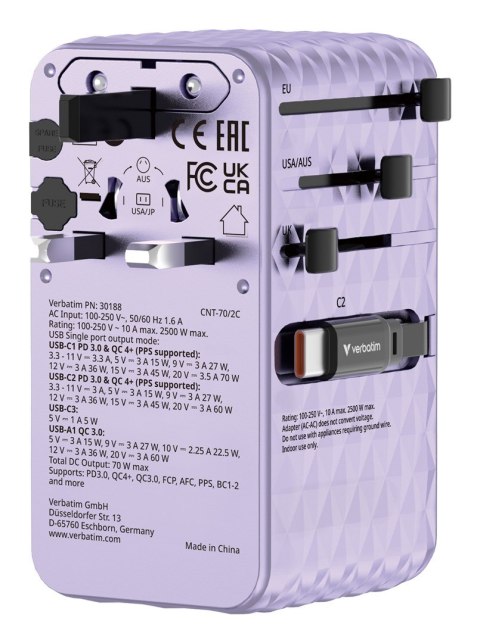 VERBATIM CHARGE 'N' TRAVEL 70W 2C CHOWANY UNIWERSALNY ADAPTER PODRÓŻNY FIOLETOWY