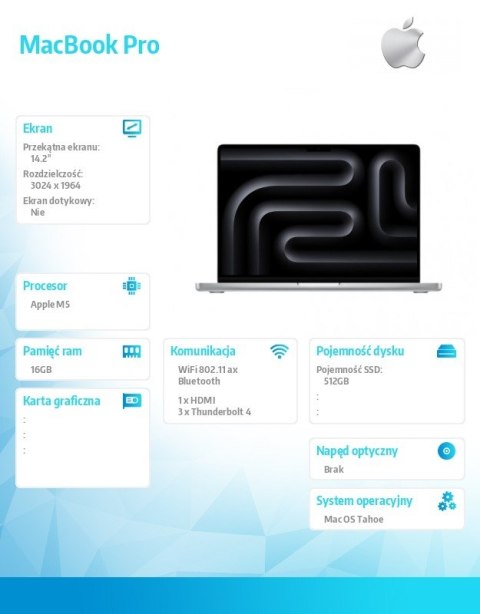 Apple MacBook 14.2 cala: M5 10C/10C, 16GB, 512GB SSD - Srebrny