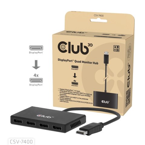 Hub USB Club Hub 3D MST (Multi Stream Transport) DisplayPort 1.4 na 4x DisplayPort, Cztery monitory, 4x 4K30Hz, 8K30Hz