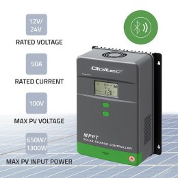 Qoltec Solarny regulator ładowania MPPT z czujnikiem temperatury 50A | 12V/24V | LCD | Bluetooth | APP | GEL | LiFePO4