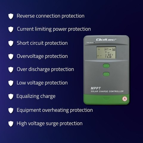 Qoltec Solarny regulator ładowania MPPT z czujnikiem temperatury 60A | 12V/24V | LCD | Bluetooth | APP | GEL | LiFePO4