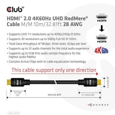 CLUB3D HDMI 2.0 4K60Hz RedMere cable 10m/32.8ft
