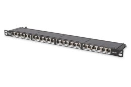 Panel krosowy high density 19'' 24x RJ45, LSA poziom, kat.6, ekranowany, 0.5U, czarny, prowadnica kabli
