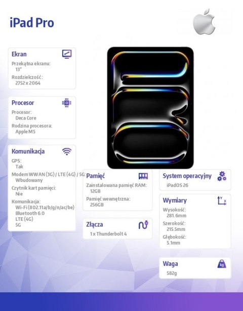 Apple IPad Pro 13-calowy Wi-Fi + Cellular 256GB ze szkłem standardowym - Srebrny