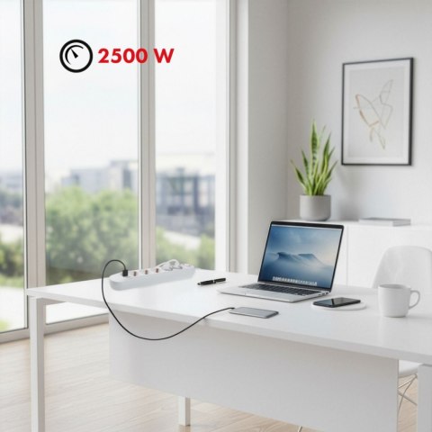 Maclean Listwa zasilająca 5 gniazd MCE395 W 3xUSB, 110-240v AC 50/60Hz, 2,1A max 2500W, biała