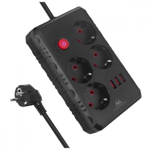 Maclean Listwa zasilająca MCE392 B, 4 gniazda 3xUSB, 110-240V AC 50/60Hz, 2.1A max 2500W, 1,5m czarna