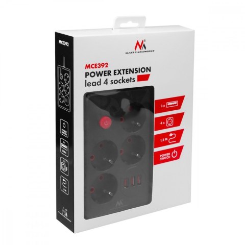 Maclean Listwa zasilająca MCE392 B, 4 gniazda 3xUSB, 110-240V AC 50/60Hz, 2.1A max 2500W, 1,5m czarna