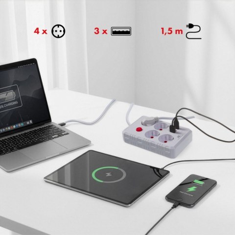 Maclean Listwa zasilająca MCE392 W 4 gniazda 3xUSB, 110-240V AC 50/60Hz, 2.1A max 2500W 1,5m biała