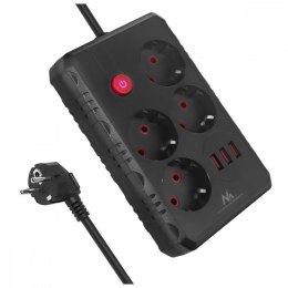 Maclean Listwa zasilająca MCE393 B 4 gniazda 3xUSB 110-240V AV 50/60Hz 1A max 2500W 3m czarna