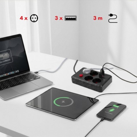 Maclean Listwa zasilająca MCE393 B 4 gniazda 3xUSB 110-240V AV 50/60Hz 1A max 2500W 3m czarna