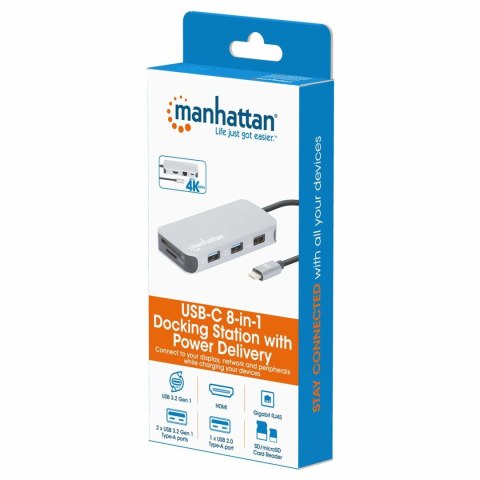 Stacja dokująca MANHATTAN USB-C 8 w 1 z zasilaniem USB 3.2 Gen 1 Type-C męski na żeński HDMI, trzy porty USB-A, gigabitowy port 