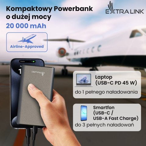 Extralink Powerbank EPB-126 20000mAh Srebrny Power bank, 45W PD, USB-C