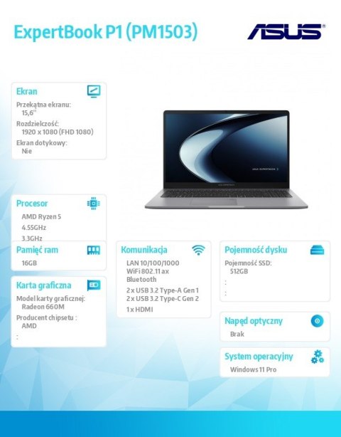 Asus Notebook ExpertBook P1 PM1503CDA-S70019X R5 7535HS 16GB/512GB/Win11Pro/3Y