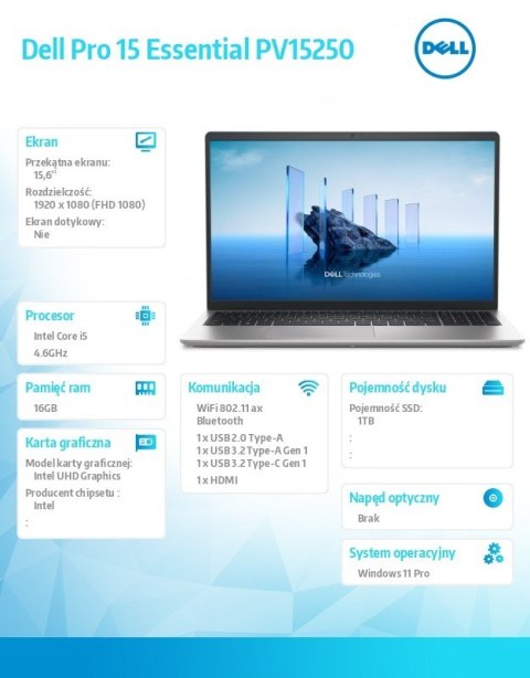 Dell Laptop Dell Pro 15 Essential PV15250 W11P i5-1334U|16GB|1TB|IntelUHD|FgrPr|WLAN+BT|15.6 FHD|BcklKb|3C|65W|3YPS Platinum Silver (