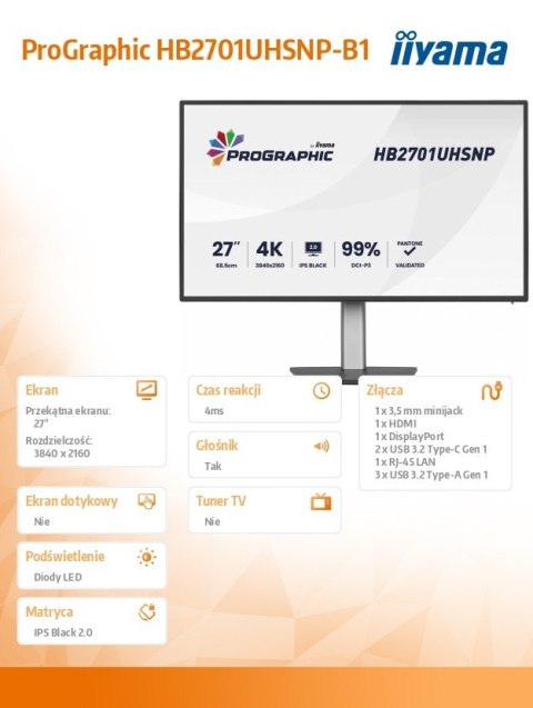 IIYAMA Monitor 27 cali ProGraphic HB2701UHSNP-B1 4K,IPS BLACK 2.0,450cd,VESA USB-c dock(PD:96W),HDMI,DP,DAISY/CHAIN,4xUSB,RJ45,3000:1,s