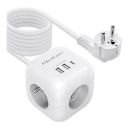 Kostka zasilająca Qoltec przedłużacz 6w1 z podświetlanym włącznikiem | 3x AC | 2x USB | 1x USB-C PD 20W | Biała | Kabel 2m