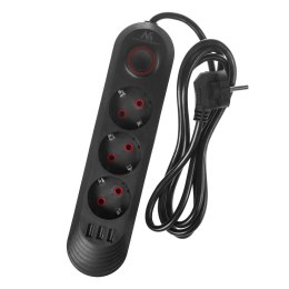 Listwa zasilająca Maclean MCE394 B, przedłużacz 3gniazda + 3xUSB, 110-240V AC 50/60Hz, 2.1A max 2500W, 1,5m, czarna