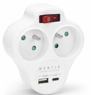 Rozgałęźnik sieciowy podwójny z wyłącznikiem + USB-A + USB-C MONTIS MT144-WH biały
