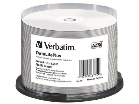 Płyty DVD-R Verbatim 4.7GB X16 AZO DL+ printable thermal białe NO ID (50 Cake)