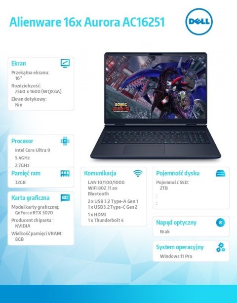 Dell Laptop Alienware 16x Aurora AC16251 Win11Pro C9 275HX/32GB/2TB/16.0 WQXGA/GeForce RTX 5070/WLAN + BT/RGB Backlit Kb/6 Cell/280W