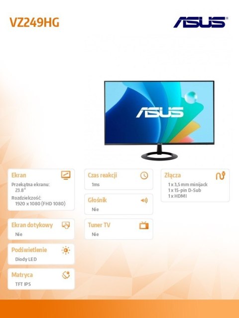 Asus Monitor 23.8 cala VZ249HG IPS 120Hz HDMI D-SUB