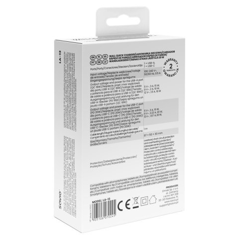 SAVIO ŁADOWARKA SIECIOWA 20W + KABEL QUICK CHARGE POWER DELIVERY 3.0 BIAŁA LA-13