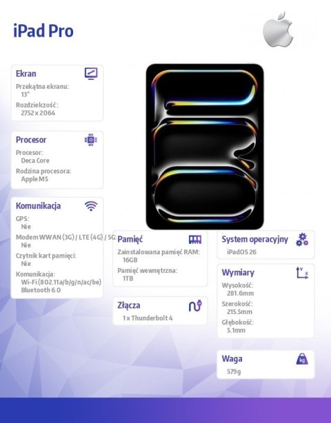 Apple IPad Pro 13-calowy Wi-Fi 1 TB ze standardowym szkłem - Srebrny