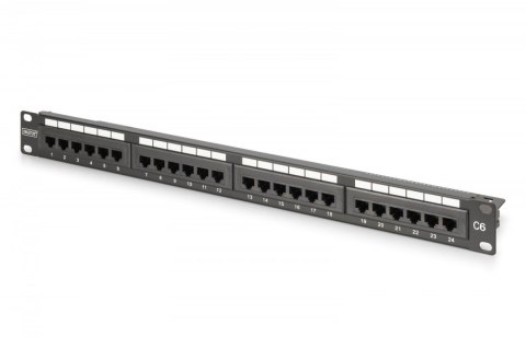 Digitus Panel krosowy (patch panel) 19'' 24x RJ45, LSA pion, kat.6, nieekranowany, 1U, prowadnica kabli, pola opisowe, Czarny