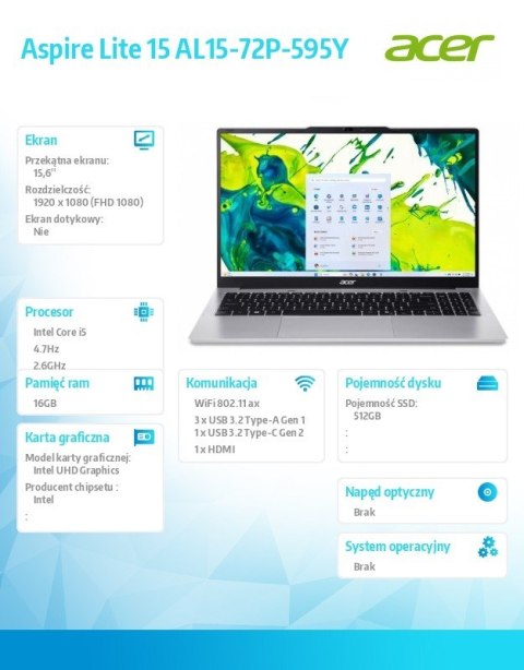 Acer Notebook Aspire Lite 15 AL15-72P-595Y i5-13500H, 15.6 FHD IPS, 16GB, 512GB SSD, No OS, srebrny