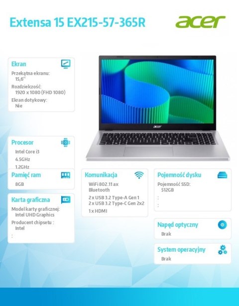 Acer Notebook Extensa 15 EX215-57-365R i3-1315U 15.6 FHD, 8GB DDR5,512GB SSD, NoOS, srebrny