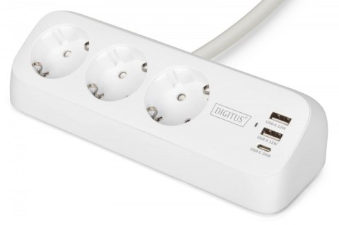 Digitus Listwa zasilająca biurkowa, 3 gniazda Schuko, 2x USB-A (2x 12W), 1x USB-C (30W) z zaciskiem na blat, kabel 1,5m, biała