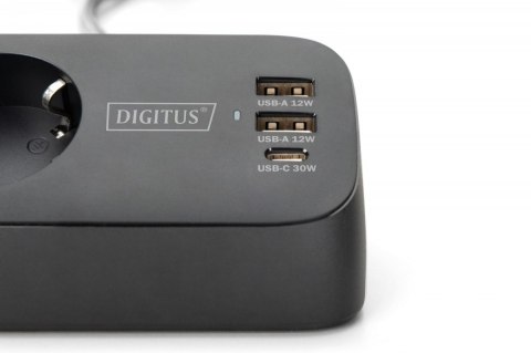 Digitus Listwa zasilająca biurkowa, 3 gniazda Schuko, 2x USB-A (2x 12W), 1x USB-C (30W) z zaciskiem na blat, kabel 1,5m, czarna