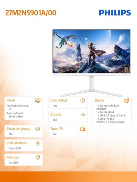 Philips Monitor 27M2N5901A 27 cali IPS 4K 160Hz HDMIx2 DP Pivot Głośniki