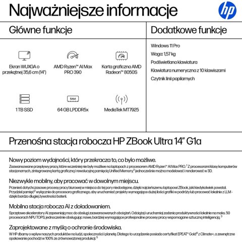 HP ZBook Ultra 14 G1a Ryzen AI Max PRO 390 14.0"WUXGA IPS 400nits AG 64GB LPDDR5x-8533 SSD1TB Radeon 8050S Cam IR 5 MPx 74,5Wh W