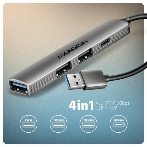 AXAGON HUE-STA HUB 4-portowy 1x USB-A 5Gbps, 2x USB2.0 + 1x USB-C 2.0, 12cm kabel USB-A